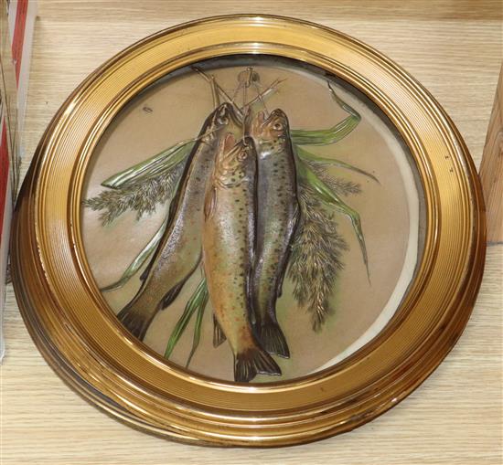 Two gilt-framed embossed card fish pictures